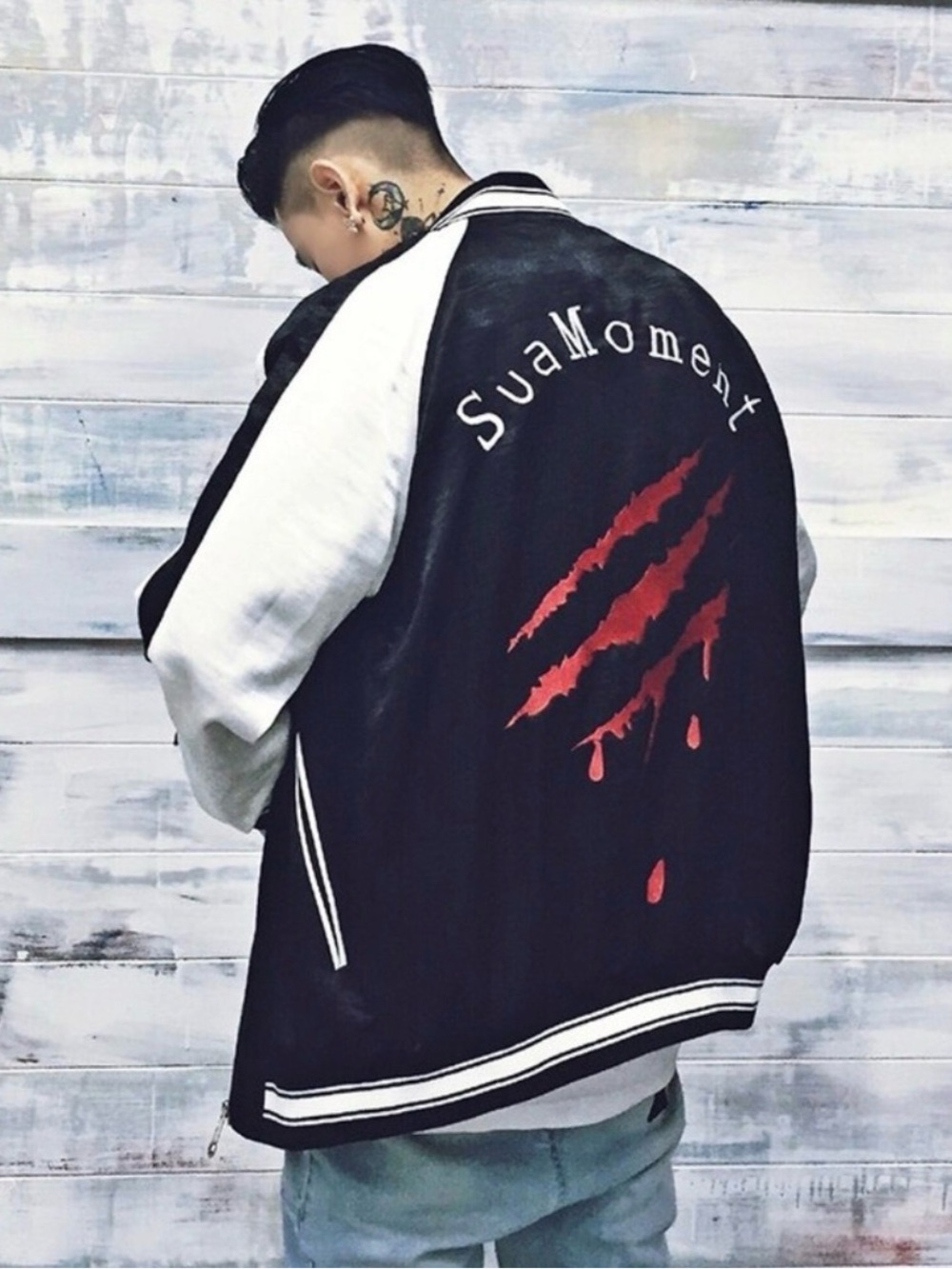 Black & White Varsity Jacket with Red Graphic Claw Marks